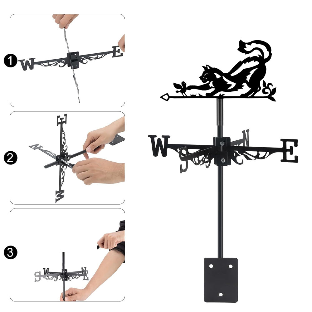 Cat and bird metal weather vane with directional arrows and mounting rod, outdoor roof and garden decoration