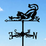 Cat and bird metal weather vane with directional arrows and mounting rod, outdoor roof and garden decoration