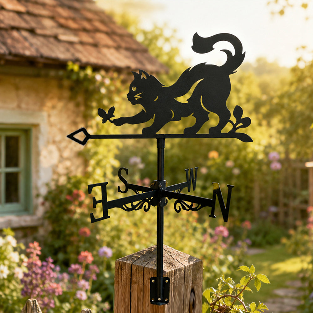 Cat and butterfly metal weather vane with directional arrows and mounting rod, outdoor roof and garden decoration