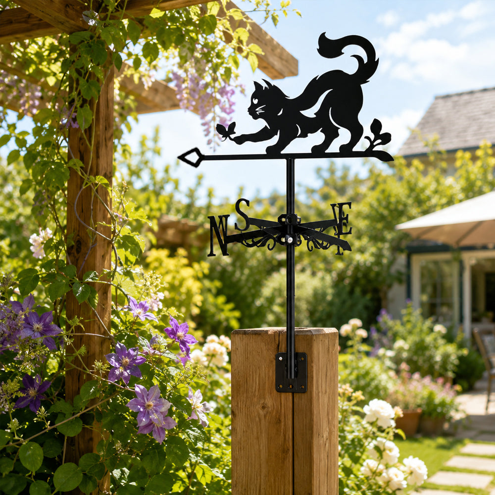Cat and butterfly metal weather vane with directional arrows and mounting rod, outdoor roof and garden decoration