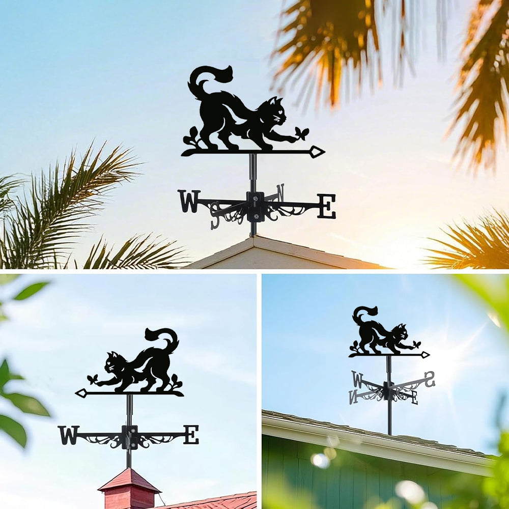 Cat and butterfly metal weather vane with directional arrows and mounting rod, outdoor roof and garden decoration
