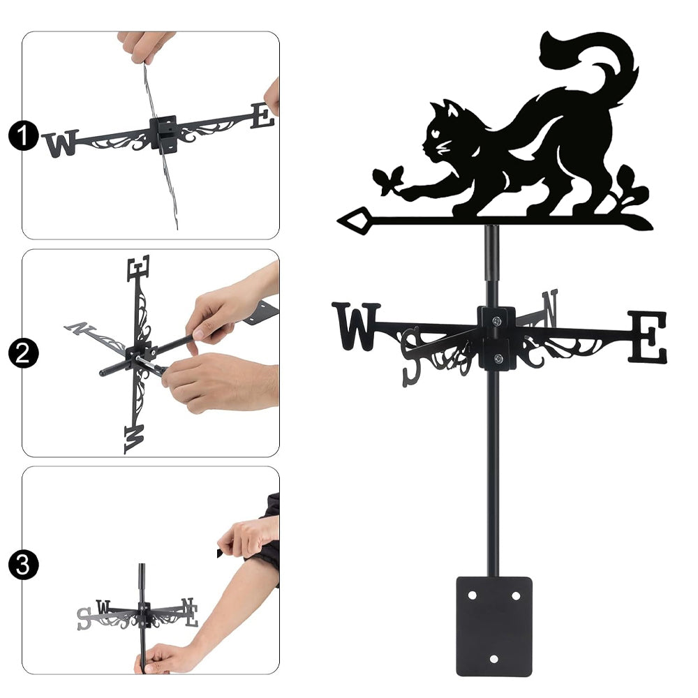Cat and butterfly metal weather vane with directional arrows and mounting rod, outdoor roof and garden decoration