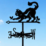 Cat and butterfly metal weather vane with directional arrows and mounting rod, outdoor roof and garden decoration