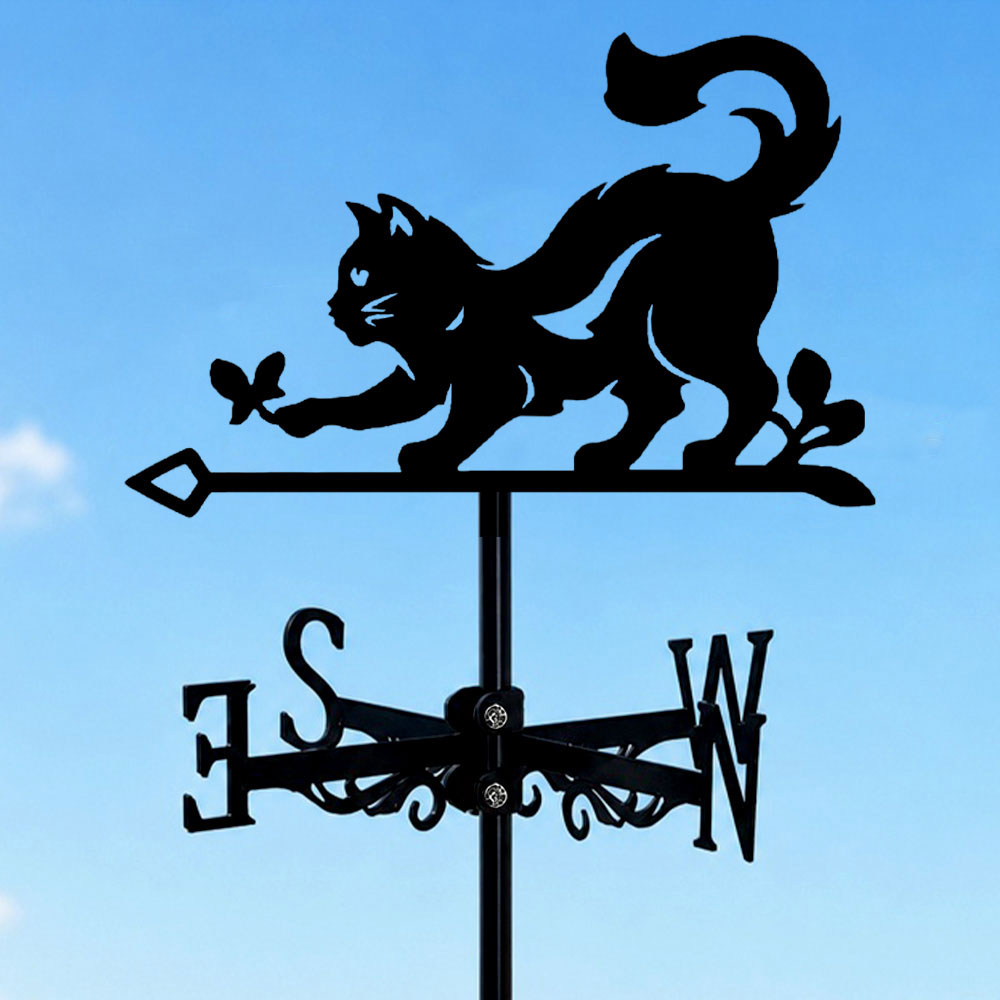 Cat and butterfly metal weather vane with directional arrows and mounting rod, outdoor roof and garden decoration