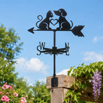 Cat and dog heart metal weather vane with directional arrows and mounting rod, outdoor roof and garden decoration