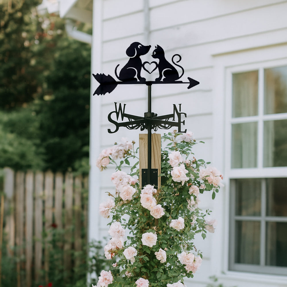 Cat and dog heart metal weather vane with directional arrows and mounting rod, outdoor roof and garden decoration