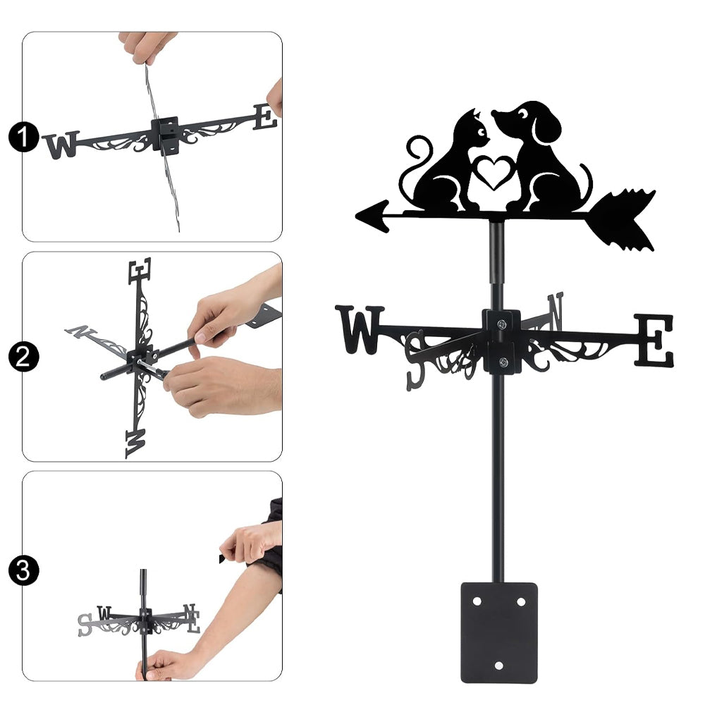 Cat and dog heart metal weather vane with directional arrows and mounting rod, outdoor roof and garden decoration