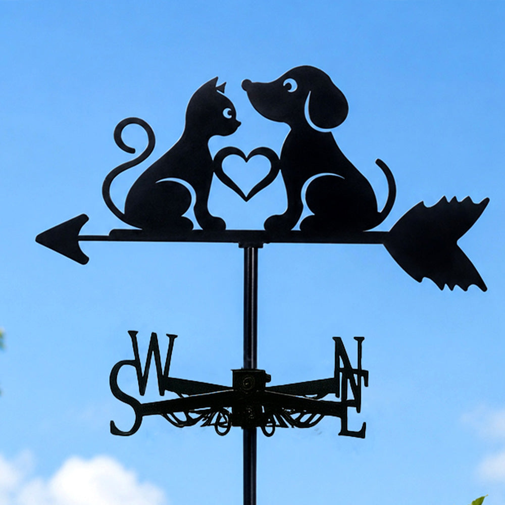 Cat and dog heart metal weather vane with directional arrows and mounting rod, outdoor roof and garden decoration