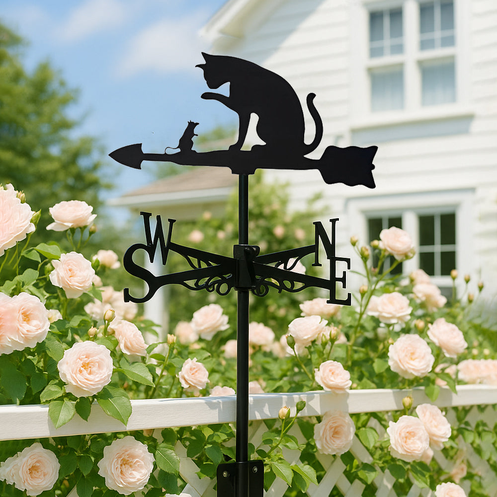 Cat and mouse metal weather vane with directional arrows and mounting rod, outdoor roof and garden decoration