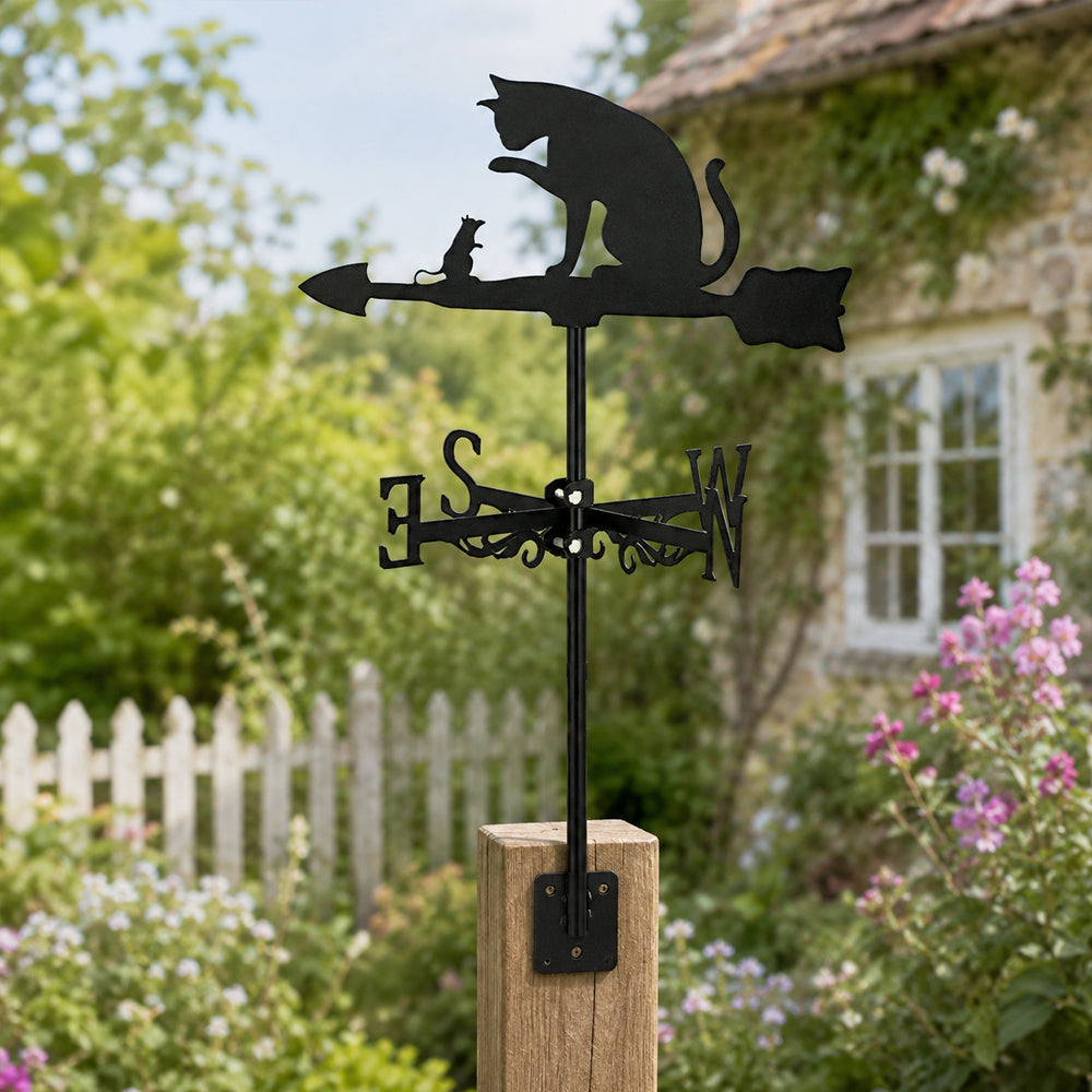 Cat and mouse metal weather vane with directional arrows and mounting rod, outdoor roof and garden decoration