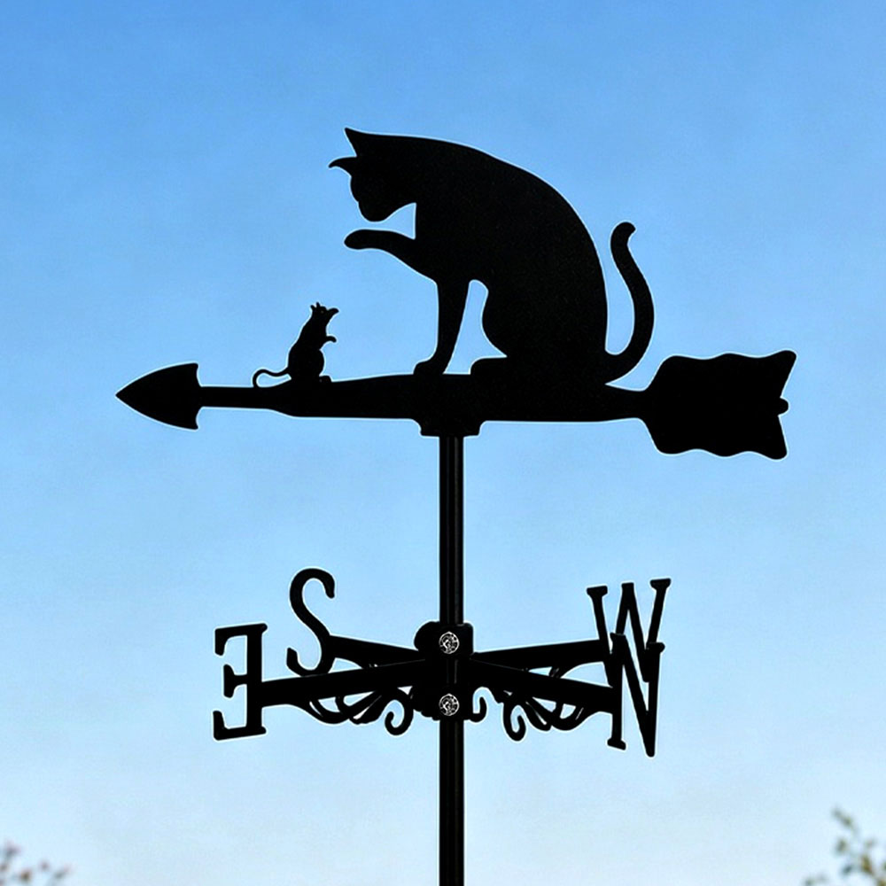 Cat and mouse metal weather vane with directional arrows and mounting rod, outdoor roof and garden decoration