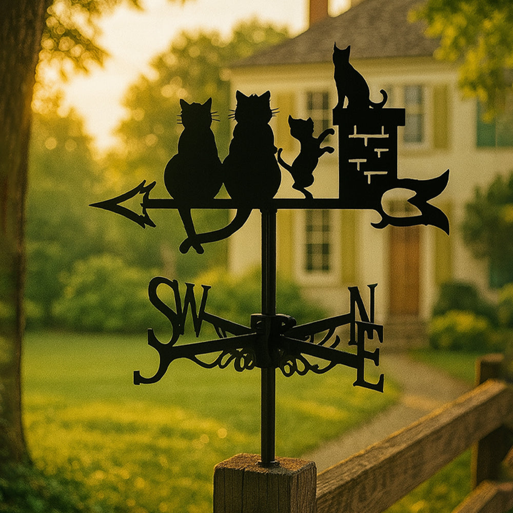 Cat family on chimney metal weather vane with directional arrows and mounting rod, outdoor roof and garden decoration