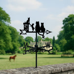 Cat family on chimney metal weather vane with directional arrows and mounting rod, outdoor roof and garden decoration