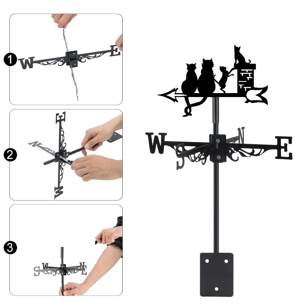 Cat family on chimney metal weather vane with directional arrows and mounting rod, outdoor roof and garden decoration