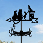 Cat family on chimney metal weather vane with directional arrows and mounting rod, outdoor roof and garden decoration