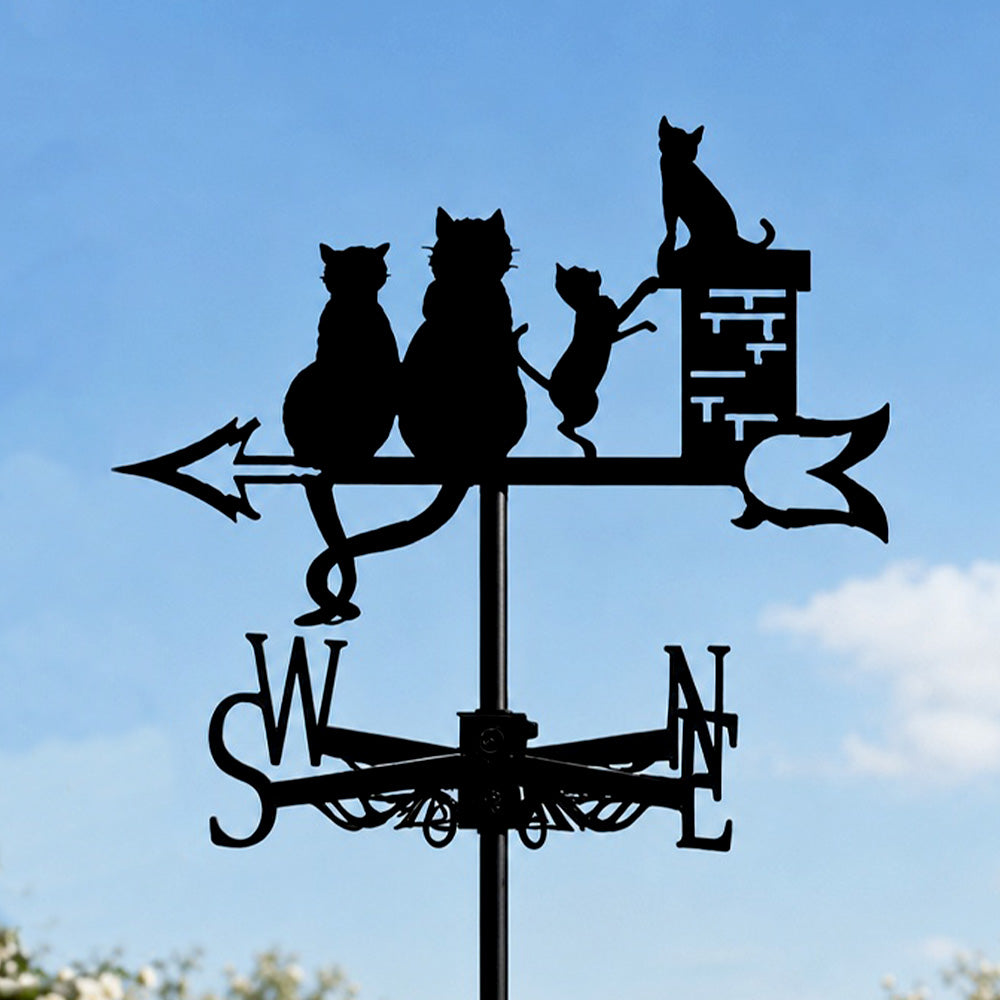 Cat family on chimney metal weather vane with directional arrows and mounting rod, outdoor roof and garden decoration