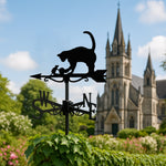 Cat mouse and yarn ball metal weather vane with directional arrows and mounting rod, outdoor roof and garden decoration