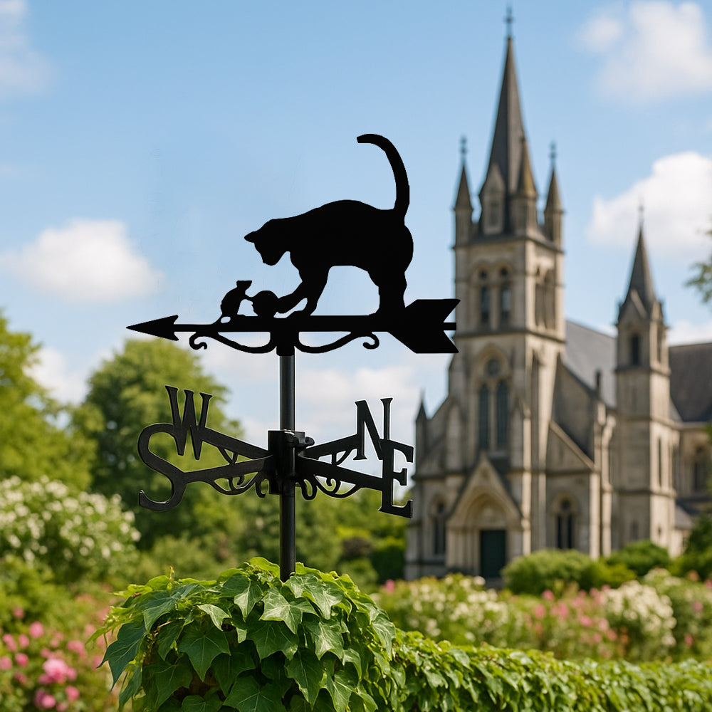 Cat mouse and yarn ball metal weather vane with directional arrows and mounting rod, outdoor roof and garden decoration