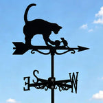Cat mouse and yarn ball metal weather vane with directional arrows and mounting rod, outdoor roof and garden decoration