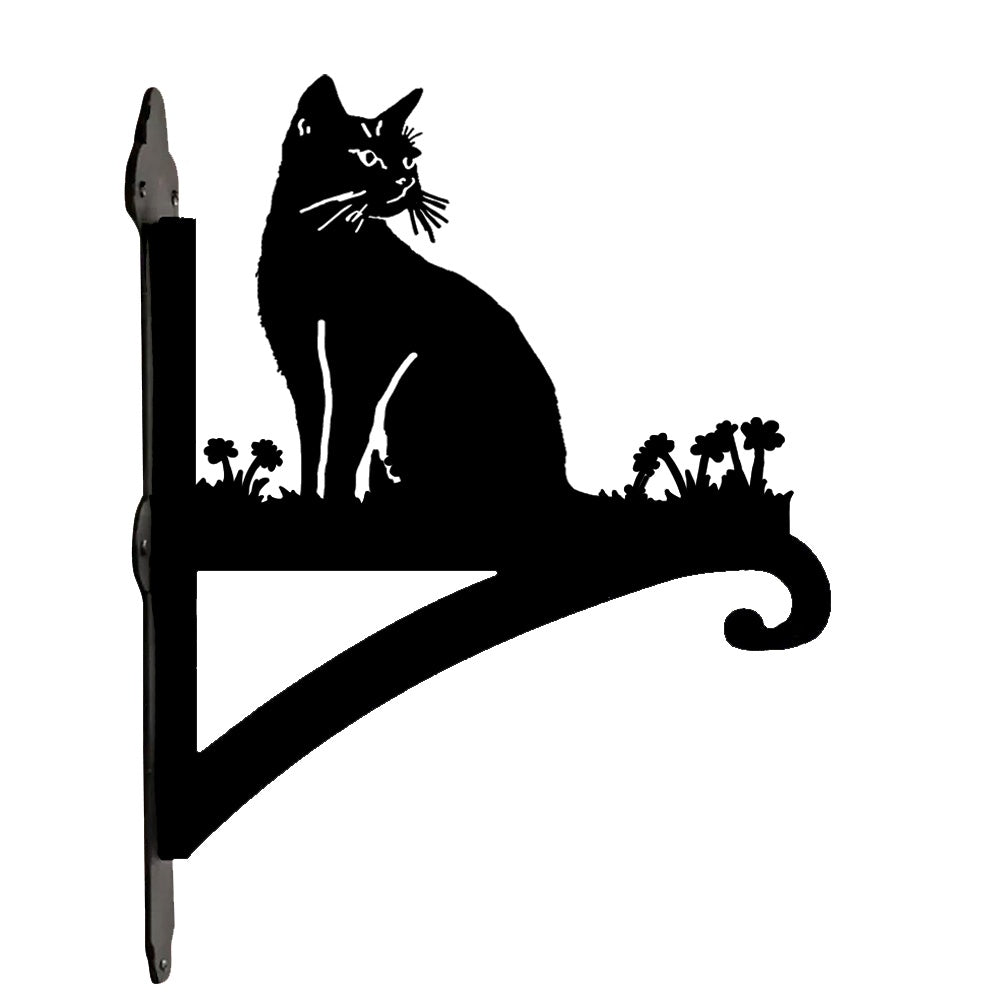 Cat silhouette metal hanging basket bracket mounted on outdoor wall for plant decoration