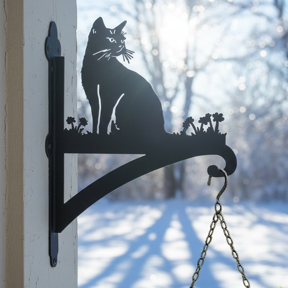 Cat silhouette metal hanging basket bracket mounted on outdoor wall for plant decoration