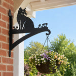 Cat silhouette metal hanging basket bracket mounted on outdoor wall for plant decoration