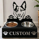 Personalized cattle dog metal dog bowl stand with custom name cutout and two removable feeding bowls