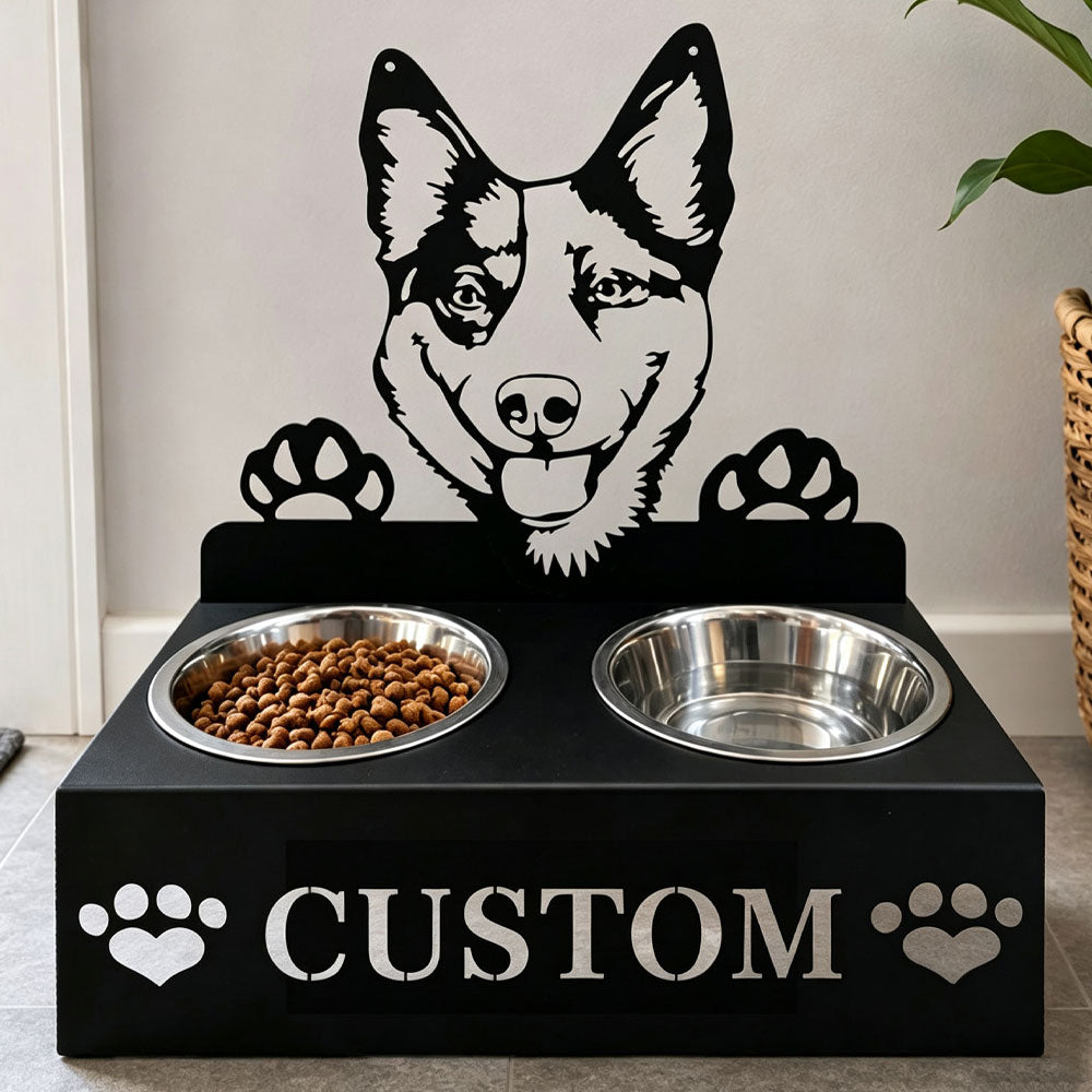 Personalized cattle dog metal dog bowl stand with custom name cutout and two removable feeding bowls