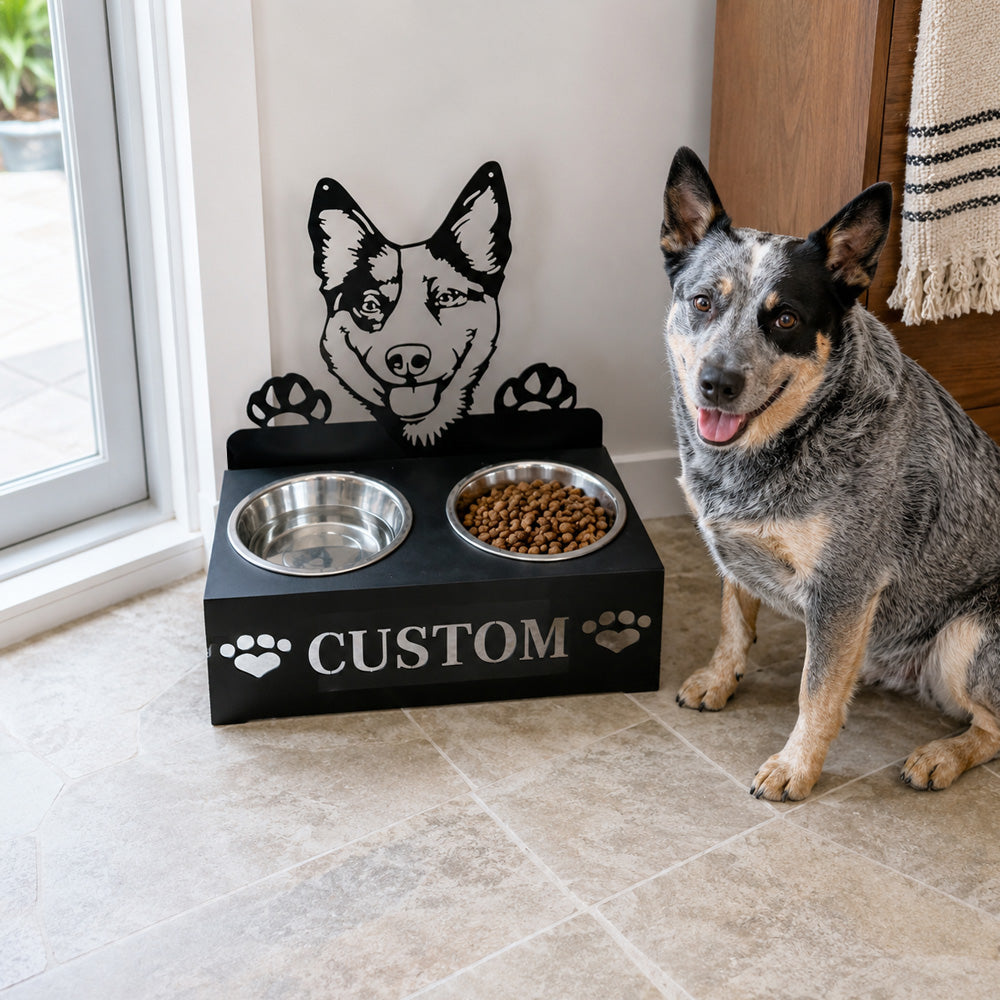 Personalized cattle dog metal dog bowl stand with custom name cutout and two removable feeding bowls