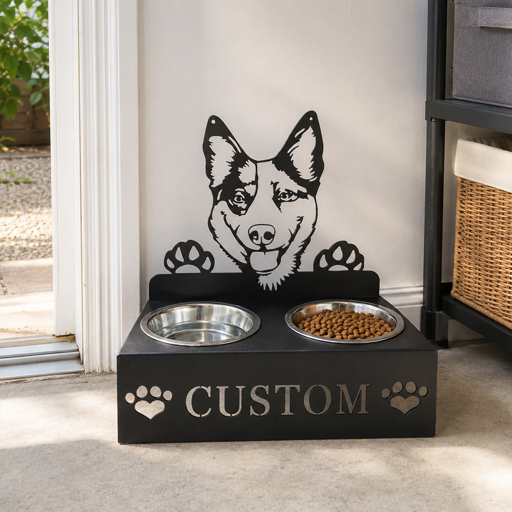 Personalized cattle dog metal dog bowl stand with custom name cutout and two removable feeding bowls