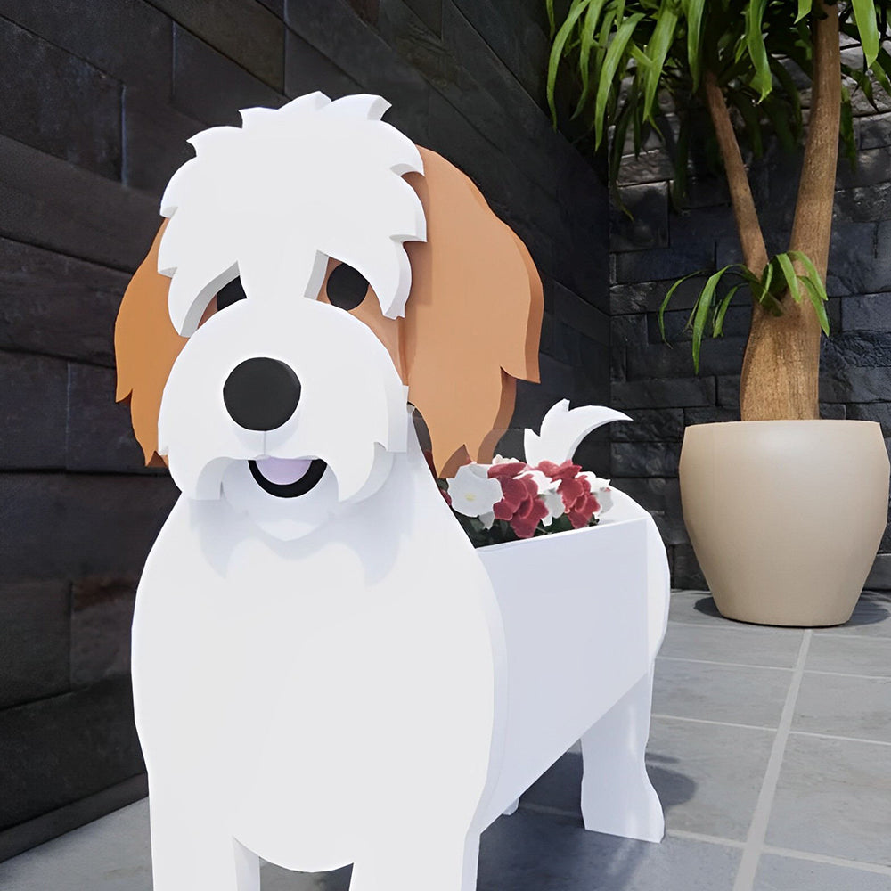 Cavachon dog planter filled with fresh flowers is placed in the garden