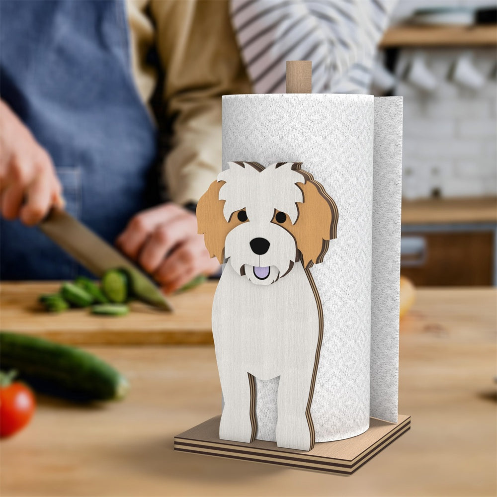 Cavachon Wooden Dog Paper Towel Holder displayed on a kitchen countertop with a freestanding paper towel roll
