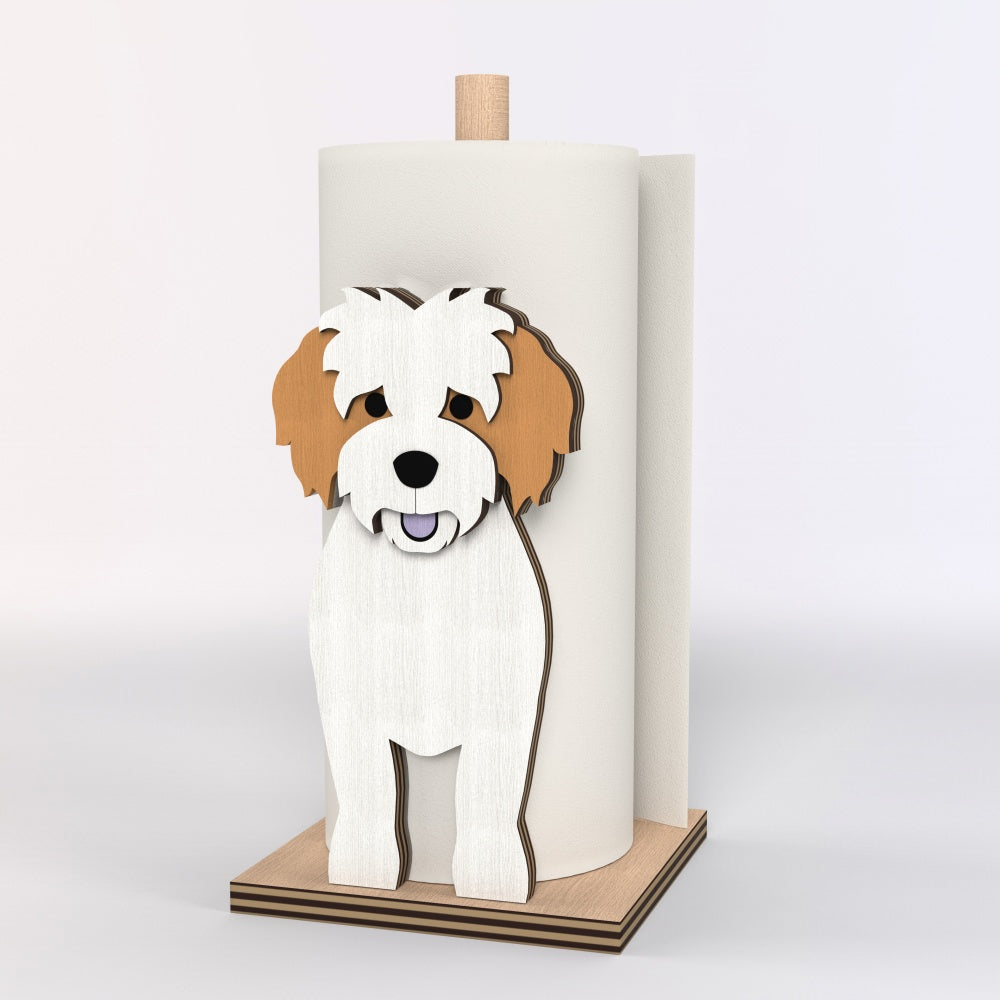 Cavachon Wooden Dog Paper Towel Holder displayed on a kitchen countertop with a freestanding paper towel roll