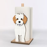 Cavachon Wooden Dog Paper Towel Holder displayed on a kitchen countertop with a freestanding paper towel roll