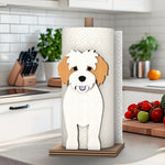 Cavachon Wooden Dog Paper Towel Holder displayed on a kitchen countertop with a freestanding paper towel roll