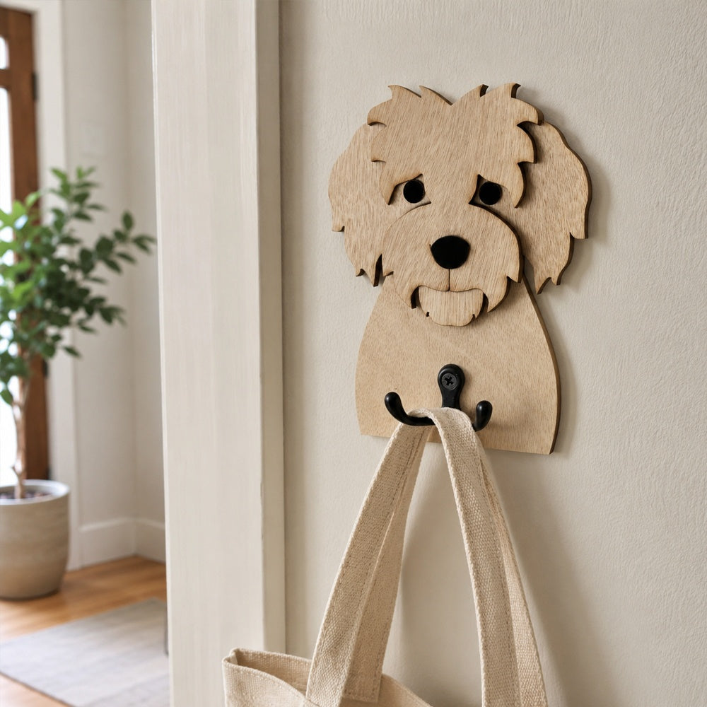 Wooden cavachon dog wall hook key and leash holder for home entryway organizer