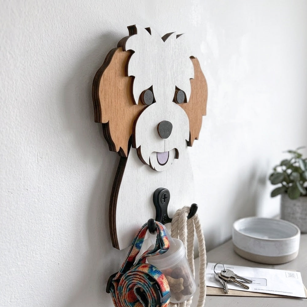 Wooden cavachon dog wall hook key and leash holder for home entryway organizer