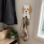 Wooden cavachon dog wall hook key and leash holder for home entryway organizer