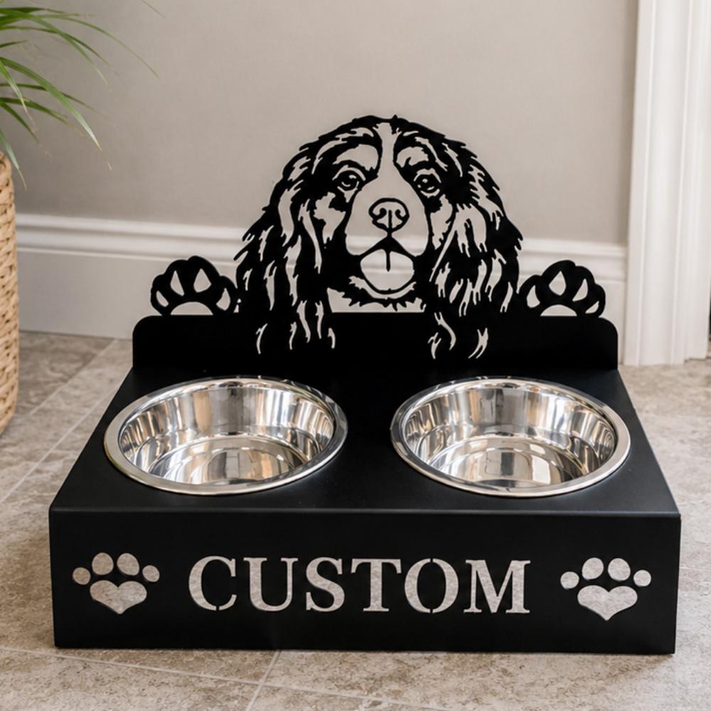 Personalized cavalier king charles metal dog bowl stand with custom name cutout and two removable feeding bowls