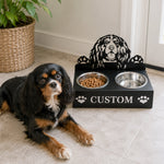 Personalized cavalier king charles metal dog bowl stand with custom name cutout and two removable feeding bowls
