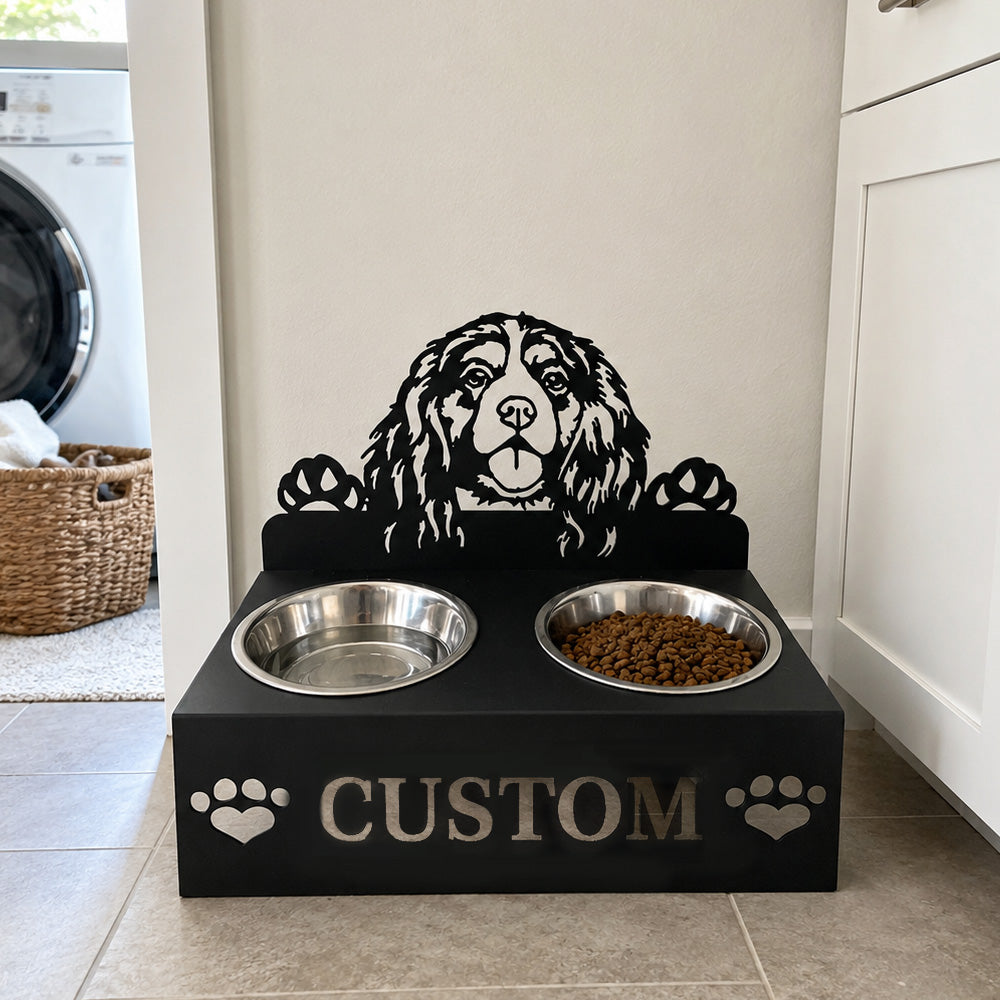 Personalized cavalier king charles metal dog bowl stand with custom name cutout and two removable feeding bowls