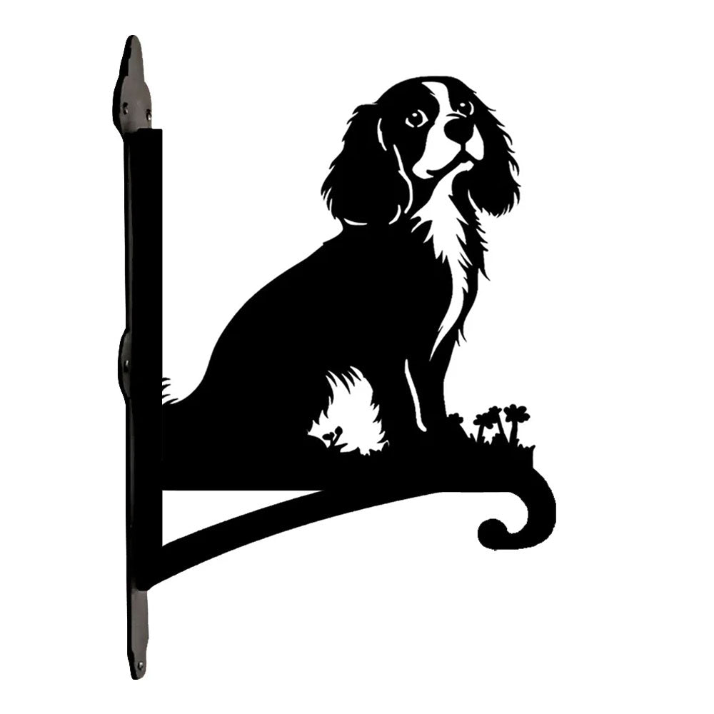 Cavalier king charles spaniel metal hanging basket bracket mounted on outdoor wall for plant decoration