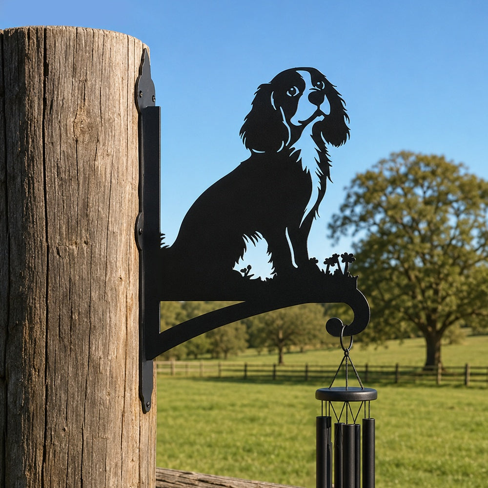 Cavalier king charles spaniel metal hanging basket bracket mounted on outdoor wall for plant decoration