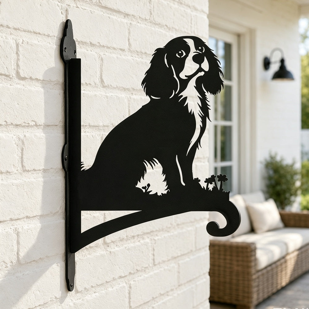 Cavalier king charles spaniel metal hanging basket bracket mounted on outdoor wall for plant decoration
