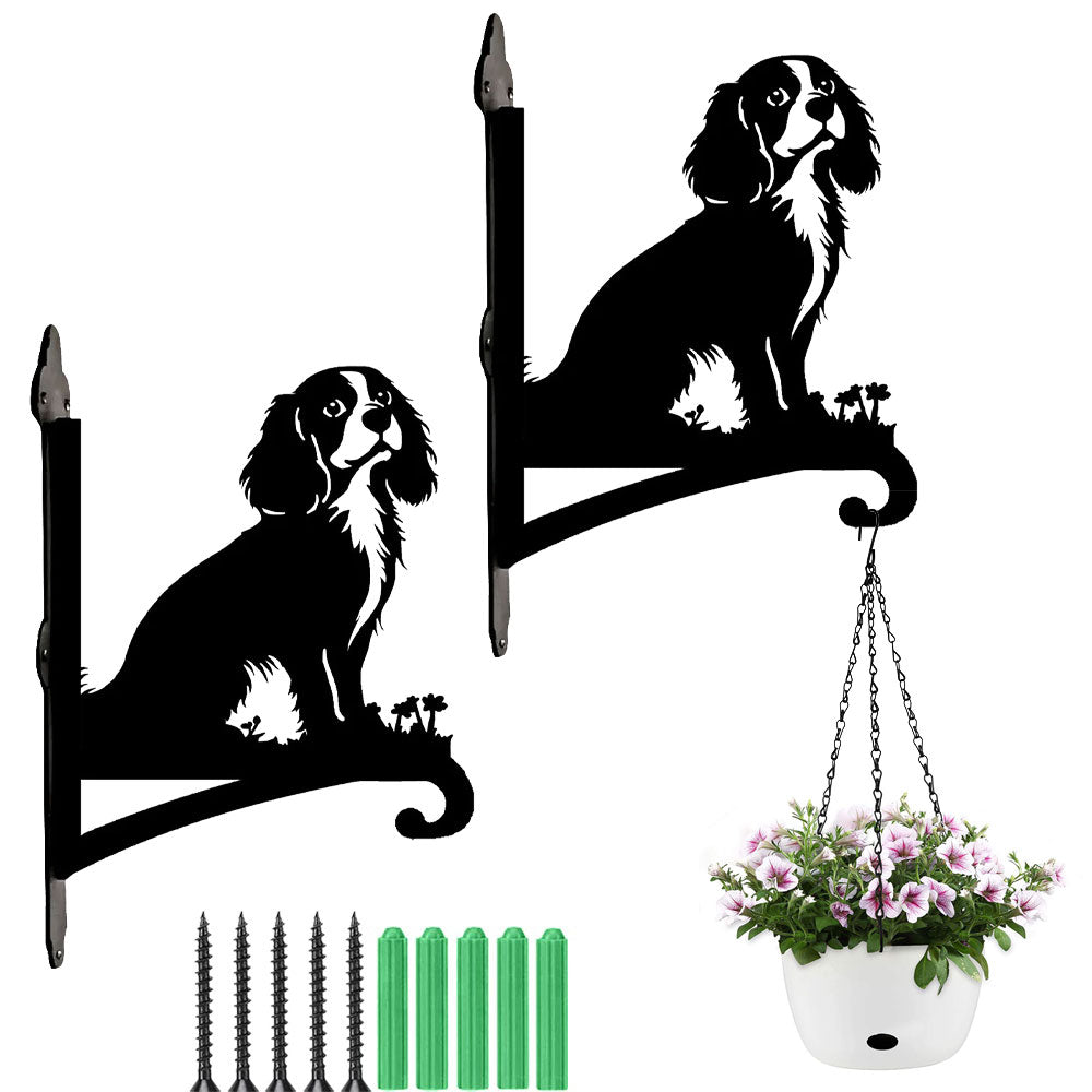Cavalier king charles spaniel metal hanging basket bracket mounted on outdoor wall for plant decoration