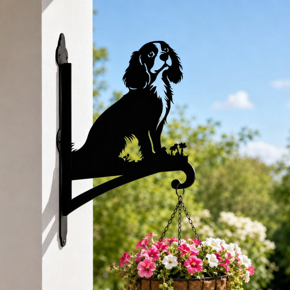 Cavalier king charles spaniel metal hanging basket bracket mounted on outdoor wall for plant decoration
