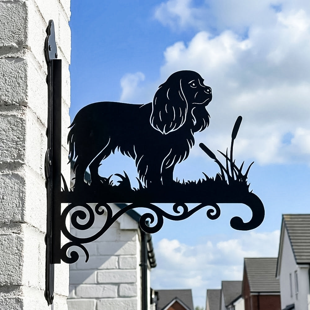 Cavalier king charles spaniel metal hanging basket bracket mounted on outdoor wall for plant decoration