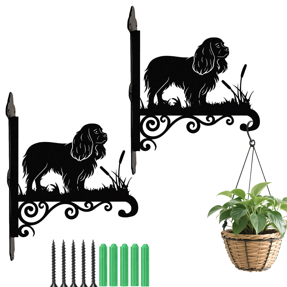 Cavalier king charles spaniel metal hanging basket bracket mounted on outdoor wall for plant decoration