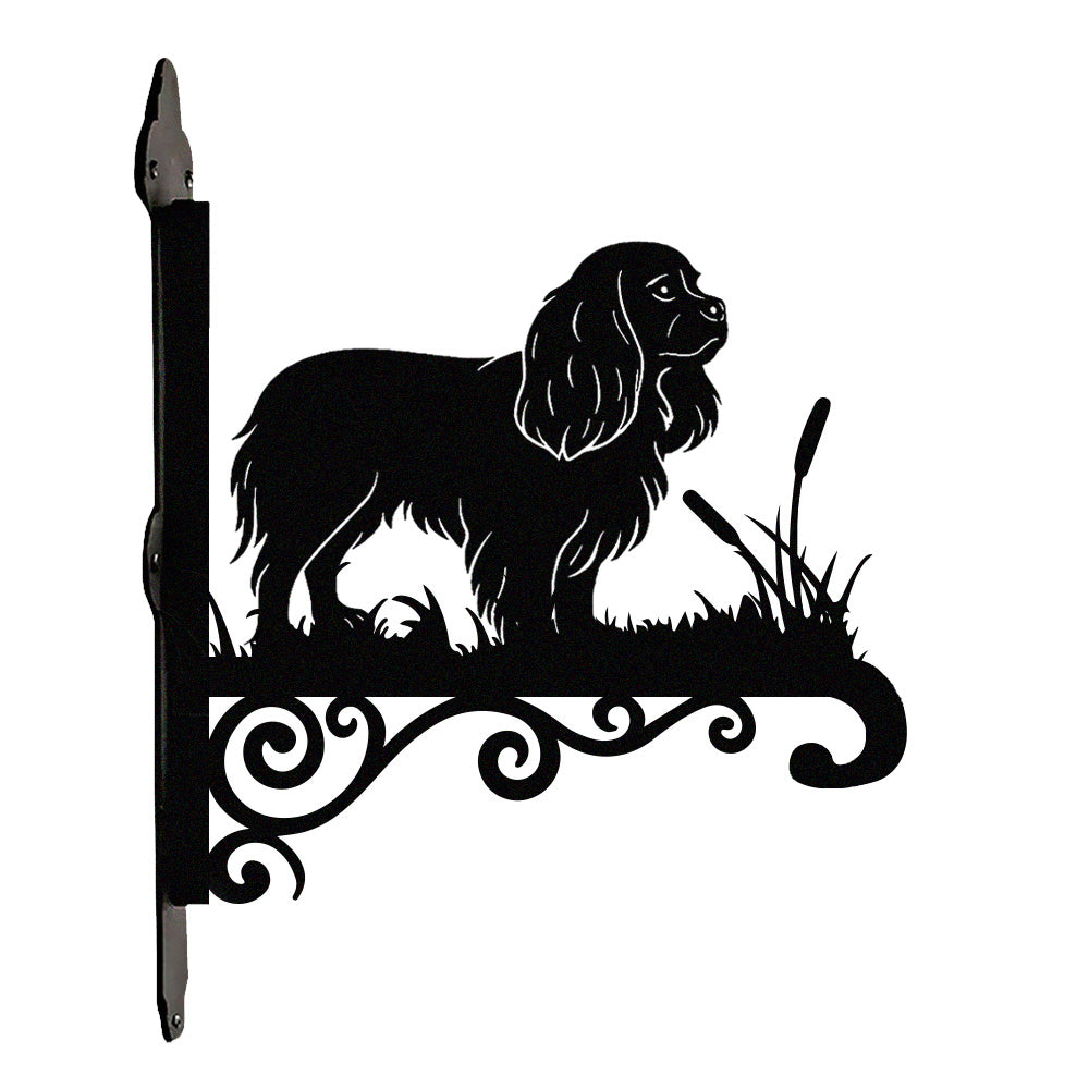 Cavalier king charles spaniel metal hanging basket bracket mounted on outdoor wall for plant decoration