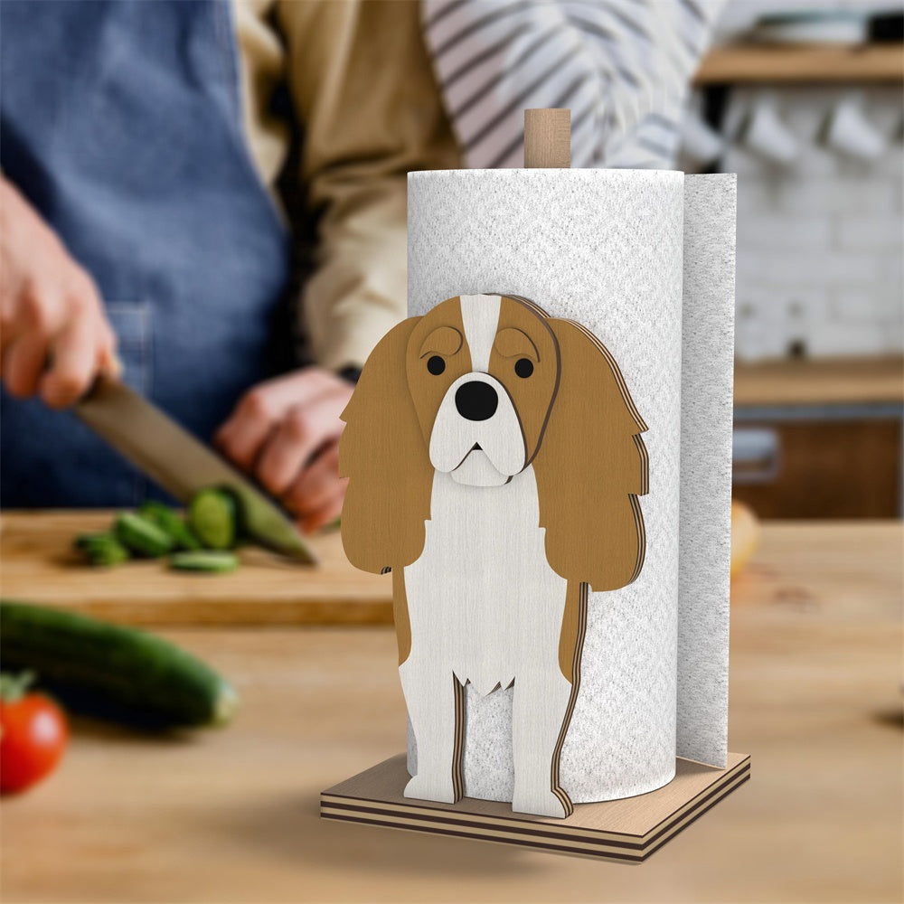 Cavalier King Charles Spaniel Wooden Dog Paper Towel Holder displayed on a kitchen countertop with a freestanding paper towel roll